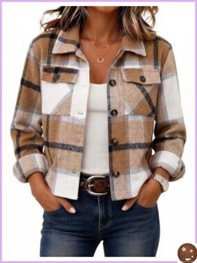 Cropped Plaid Flannel Shacket Jacket for Women Heavyweight Button Down Casual
